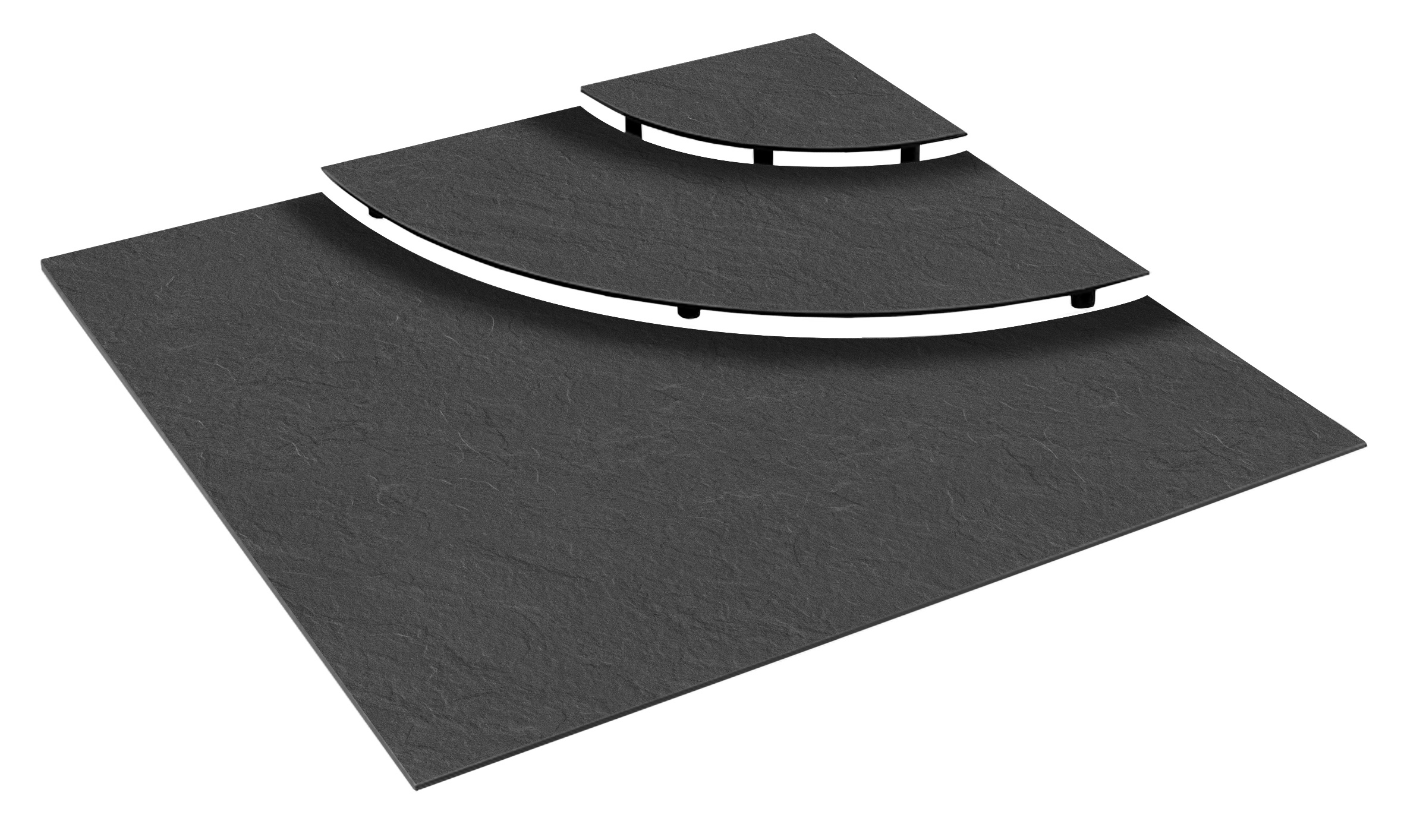 Bogen-Stufen-Set "1/4 Block", Abm.: 840 x 840 mm, 3-stufig, mit Schraubfüsschen in 15-40-60 mm Höhe Bogen-Stufen-Set "1/4 Block", Abm.: 840 x 840 mm, 3-stufig, mit Schraubfüsschen in 15-40-60 mm Höhe
