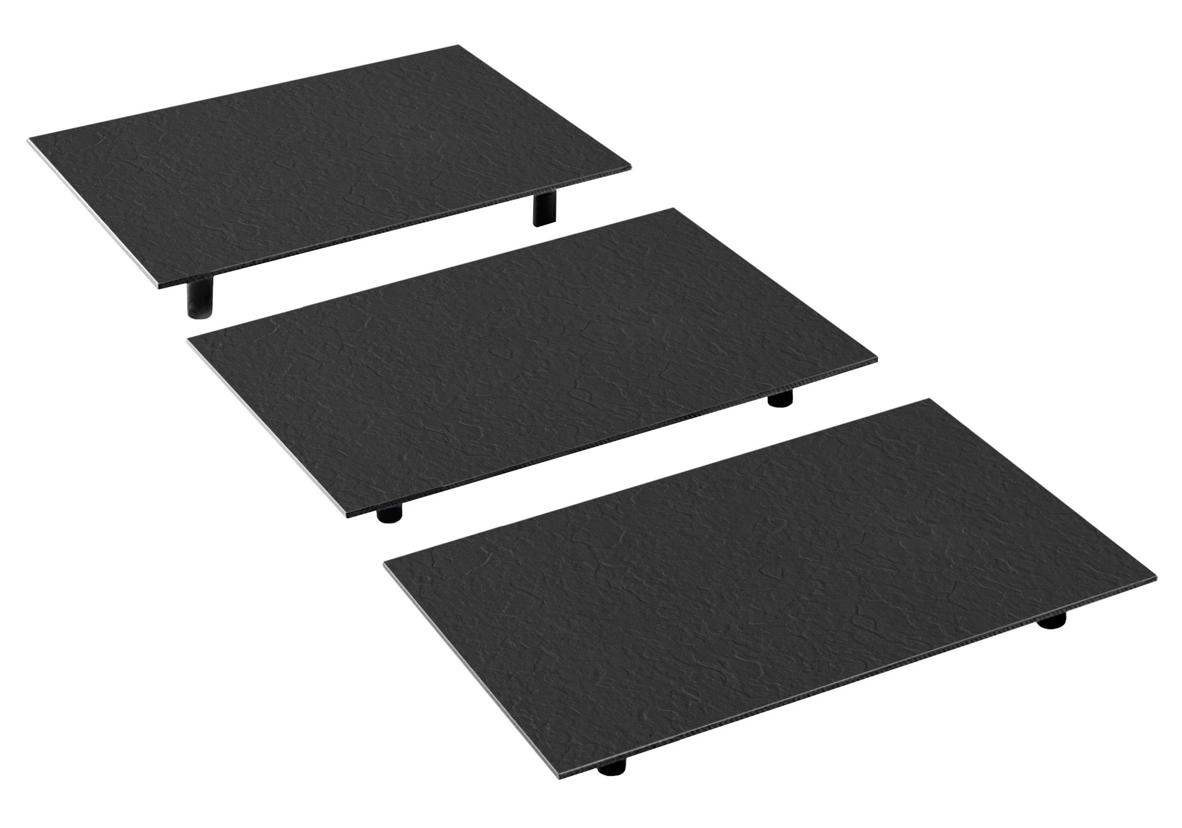 Thekenstufen-Set Kunstschiefer schwarz 804, 3-stufig, bestehend aus 3 Thekenplatten 42 x 28 cm, Höhen: 20+40+60 mm Thekenstufen-Set Kunstschiefer schwarz 804, 3-stufig, bestehend aus 3 Thekenplatten 42 x 28 cm, Höhen: 20+40+60 mm